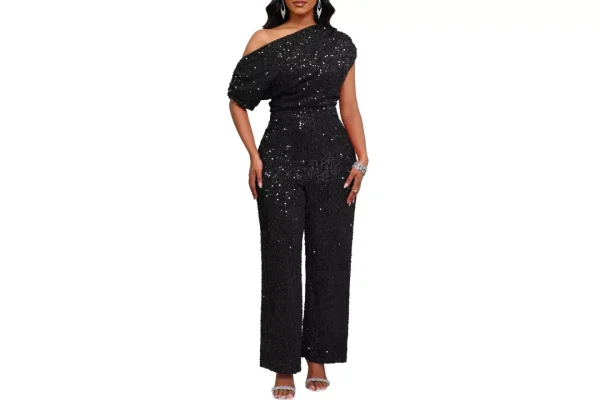 VERWIN Women's Sequin Jumpsuit Elastic Ruffle One Shoulder Black