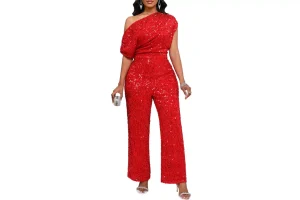 RRP £44.09 VERWIN Women's Sequin Jumpsuit Elastic Ruffle One Shoulder Red VERWIN Women's Sequin Jumpsuit Elastic Ruffle One Shoulder Red