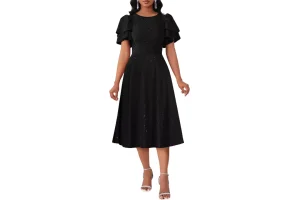 RRP £45.31 VERWIN Women's Ruffle Short Sleeve Sparkly Round Neck VERWIN Women's Ruffle Short Sleeve Sparkly Round Neck