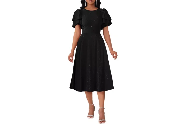 VERWIN Women's Ruffle Short Sleeve Sparkly Round Neck