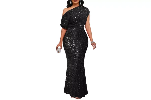 VERWIN Women's Sequin Maxi Dress Ruffle One Shoulder
