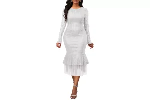 VERWIN Sequins Long Sleeve Bodycon Mermaid Dress With Ruffle Mesh Hem
