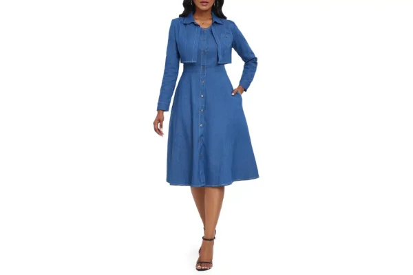 VERWIN Two Pieces Denim Dress with Jackets Midi Dress