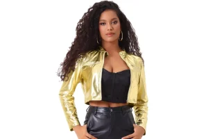 Allegra K Stand Collar Jacket for Women's Metallic