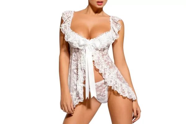 Women's Sexy Babydoll Lingerie See Through Lace Dress Set with G-String
